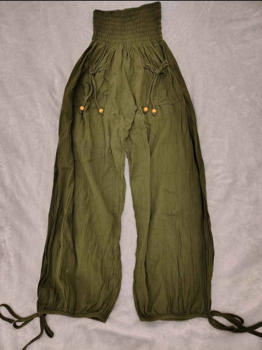 Olive Green Smocked Waist Women's Cotton Pants